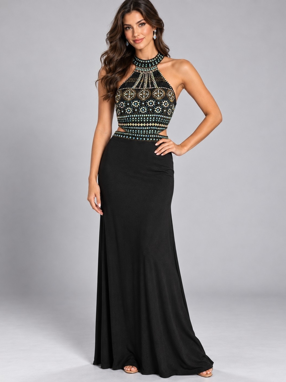 Elegant Black Embellished Halter Evening Dress
